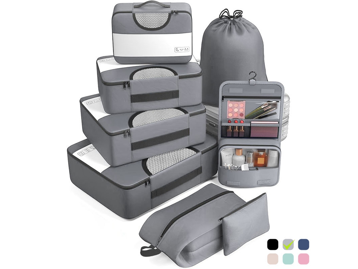 Juego de 8 bolsas de viaje, accesorios de almacenamiento de viaje con neceser colgante y bolsa para zapatos Cuich (gris)