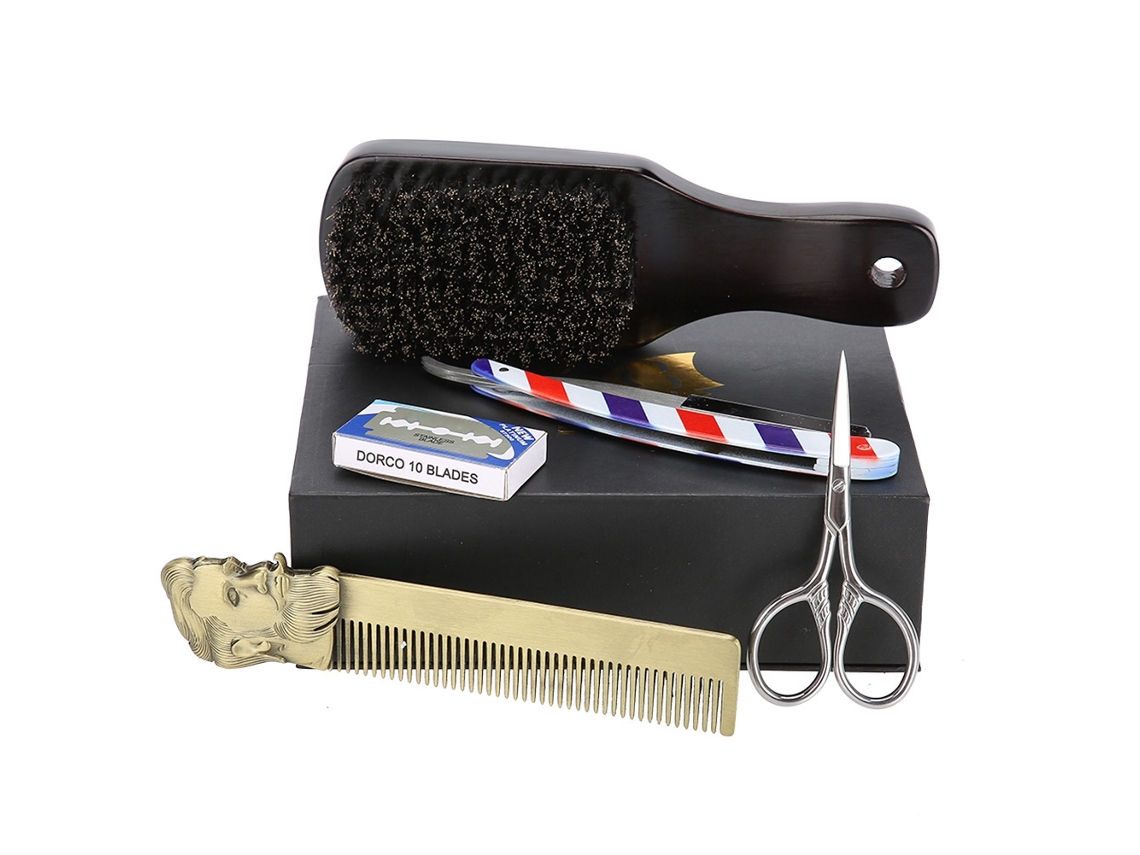 Kit Cuidados para Barba 2026 5 Peças: Escova, Pente, Tesoura, Porta Laminas e Laminas