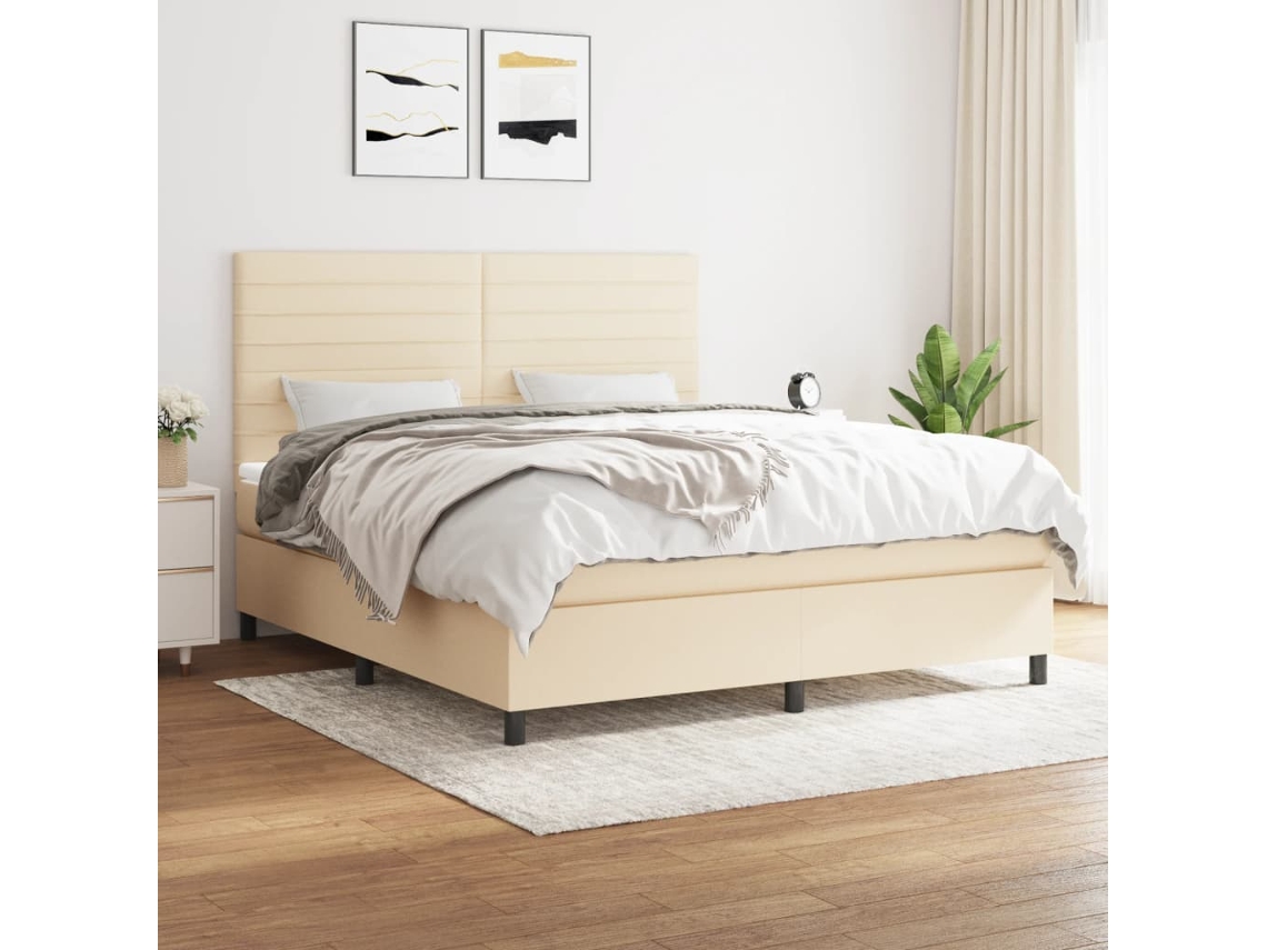 Cama Box Spring Con Colchón Tela Color Crema 160x200 Cm