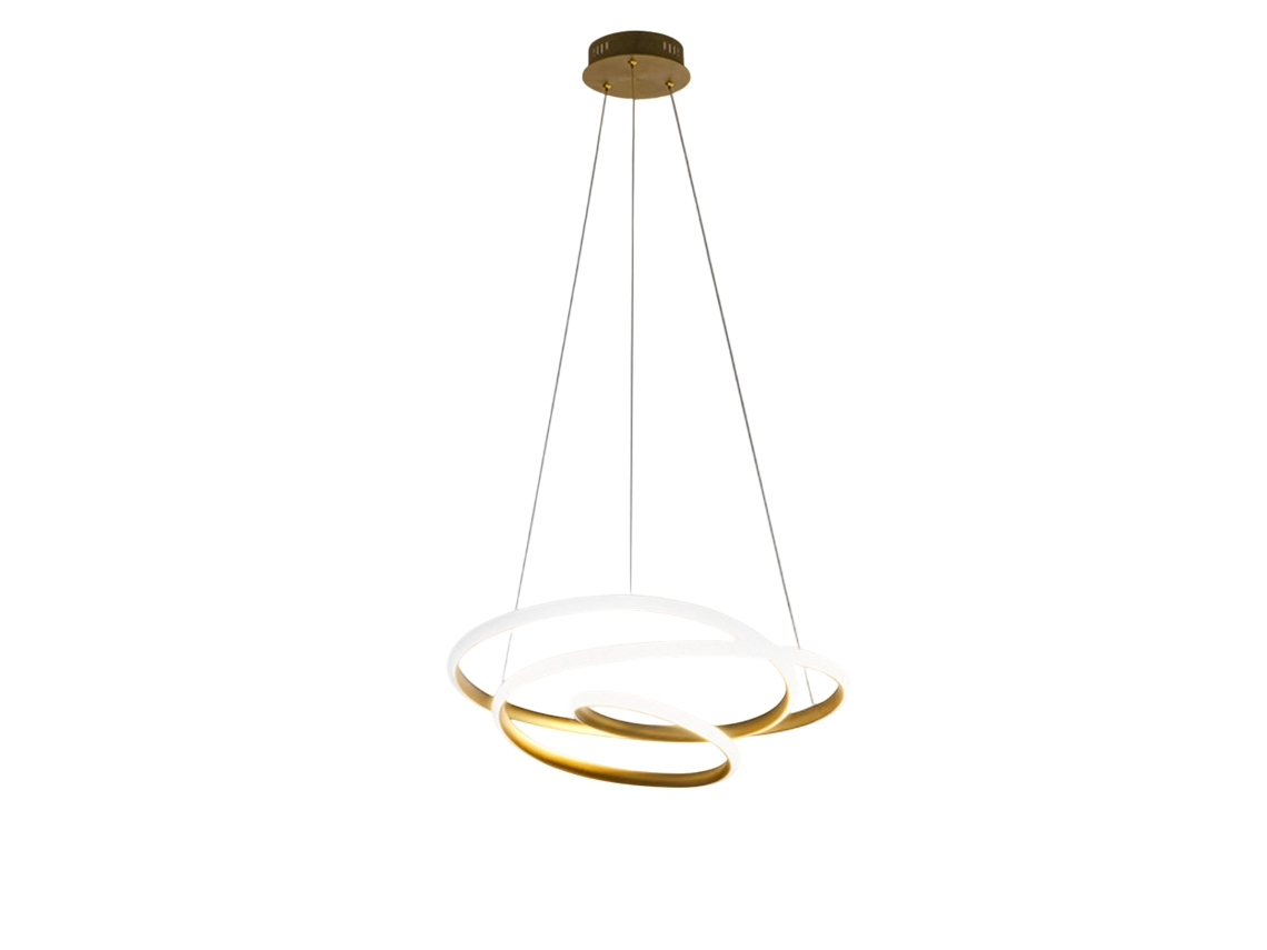 Lámpara colgante LED Diva regulable de 47 W, diseño moderno en aluminio dorado cepillado, luz cálida de 3000 K, anillos entrelazados de 65 cm de diámetro, Gea Luce