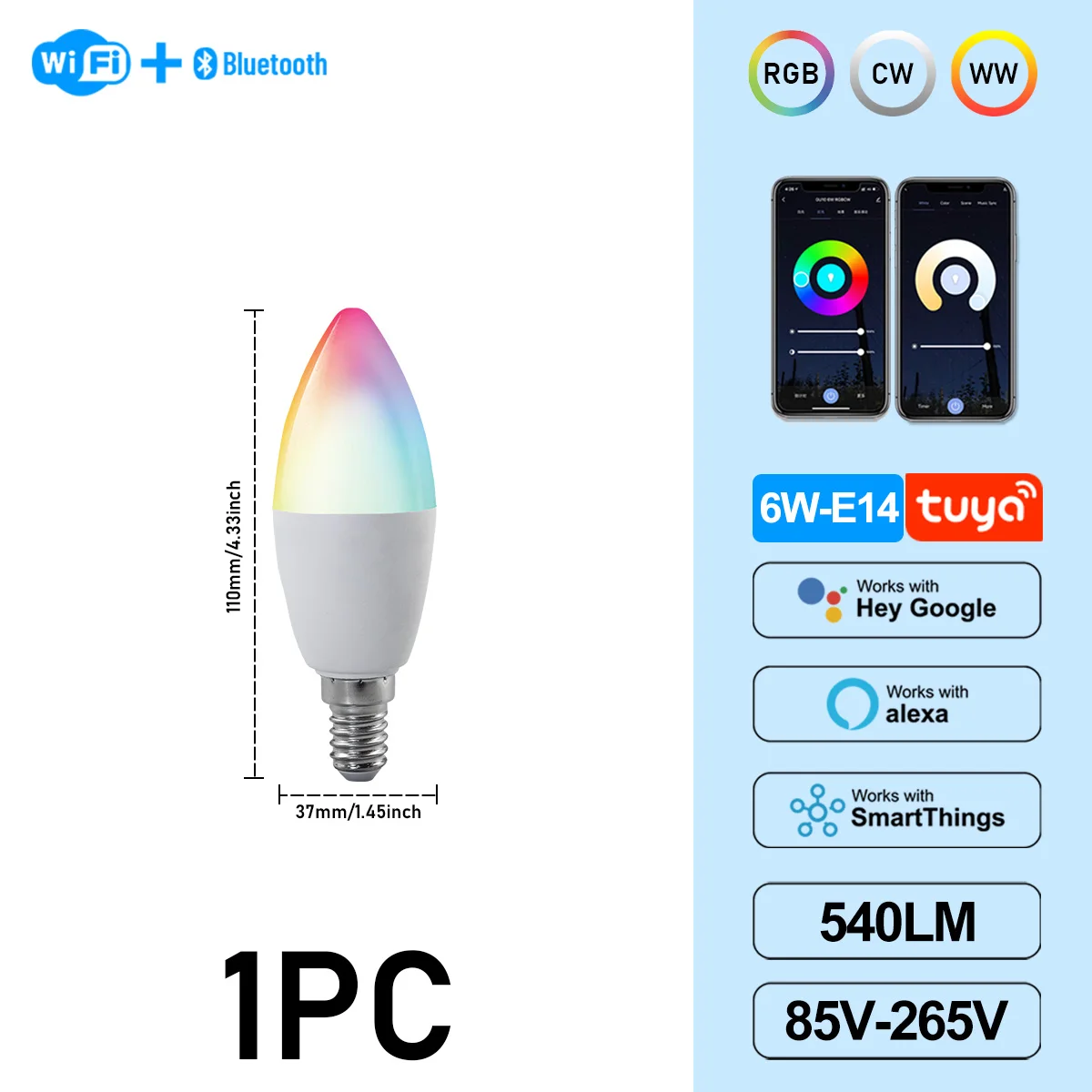 (1 Unidad, Ac85-265v) Bombilla Led Tipo Vela Graffiti De 6w C37 E14, Control Por Aplicación, Apta Para Lámparas De Araña De Cristal.