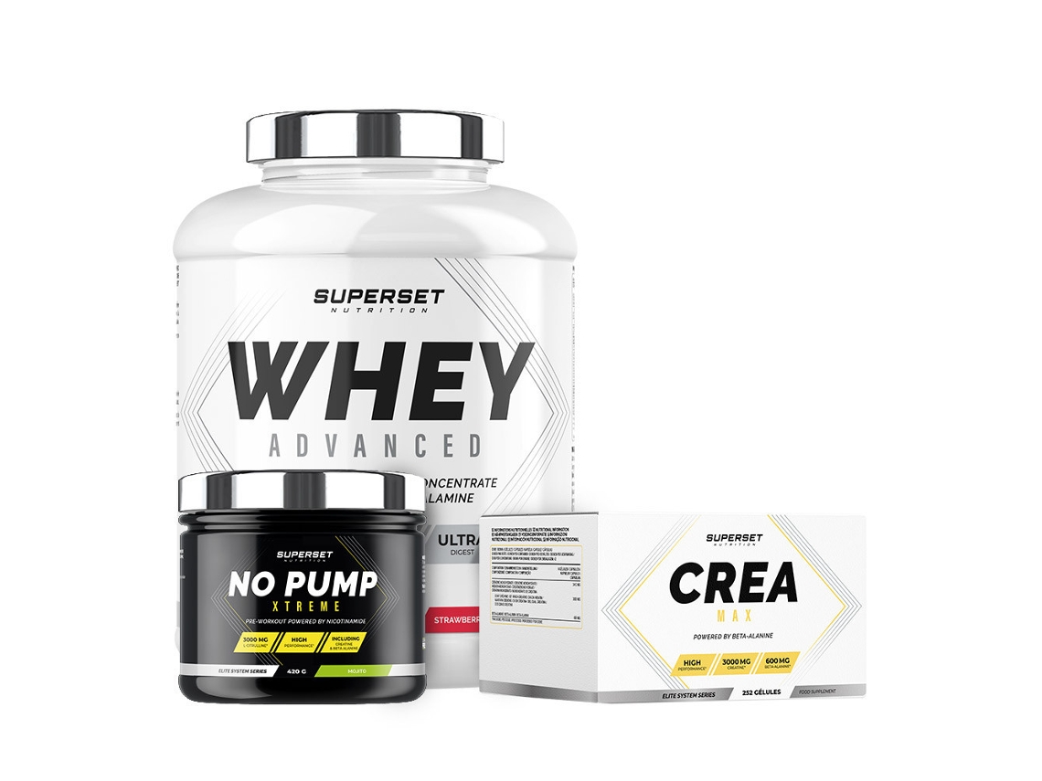 Programa de aumento de masa muscular en seco confirmado 100 Whey Protein Advanced 2 kg Yogur de fresa en Pump Xtreme Mojito Superset Nutrition