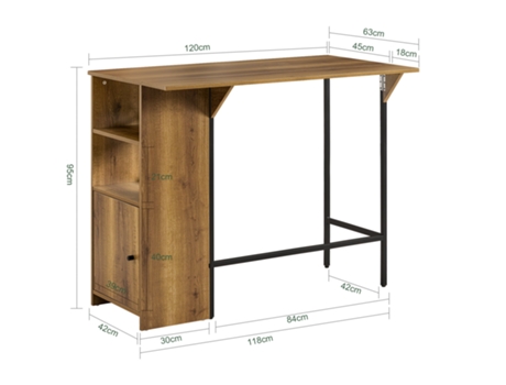 Mesa de Bar SOBUY FWT98-PF Alta con 1 Tablero Plegable Adicional (Madera - 120x63x95 cm)