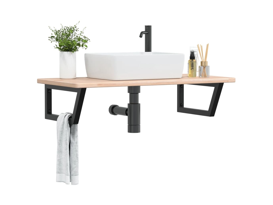 Estante De Lavabo De Pared | Estante Flotante De Acero Y Madera Maciza De Roble