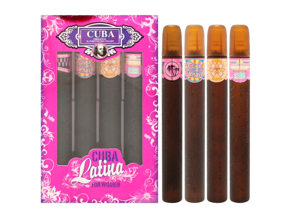 Colección CUBA Latino de CUBA para mujeres - Set de regalo de 4 piezas 1.17 oz CUBA Copacabana EDP Spray, 1.17 oz CUBA Maya EDP Spray