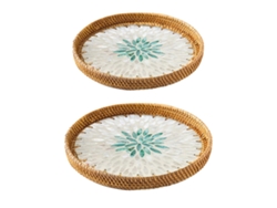 2 Platos De Mimbre Hechos A Mano Con Conchas Coloridas, Ideales Para Aperitivos En La Sala De Estar.