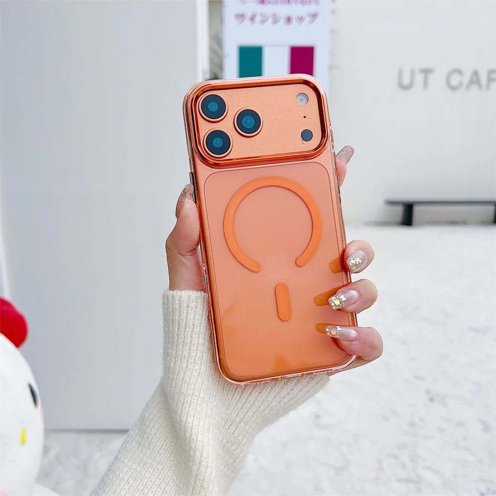 (iphone 12 Pro, Naranja) Funda Magnética Transparente Para Iphone, Compatible Con Magsafe.