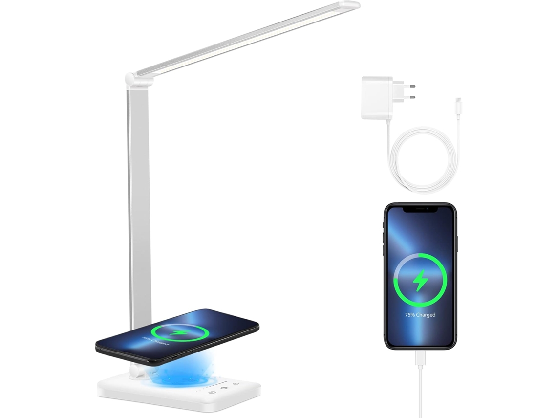 Lámpara de mesa LED moderna, cargador inalámbrico incorporado y puerto de carga USB, 50 opciones de iluminación para adaptarse a sus necesidades.