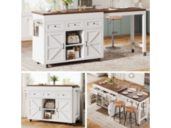 Isla De Cocina Extensible De 131,5 A 210 Cm Con Cajones Giratorios De 360° Y Armarios Blancos.