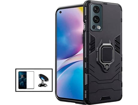 Kit Protector de Cristal Templado 5D Full Cover, Funda 3X1 Military Defender y Soporte Magnético de Coche OnePlus Nord 2 5G PHONECARE Negro
