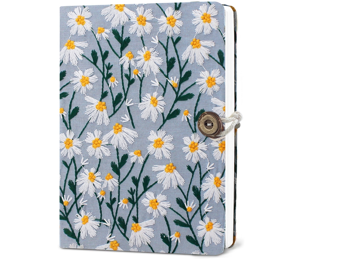 Cuaderno de punto bordado en blanco con estampado de margaritas y marcapáginas (tamaño C, A5)