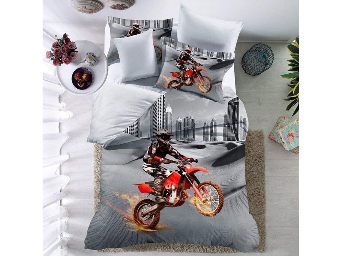 2026-39824-conjunto De Edredón Y Funda De Almohada 3d Moto Dirt Bike Talla Queen 100% Poliéster