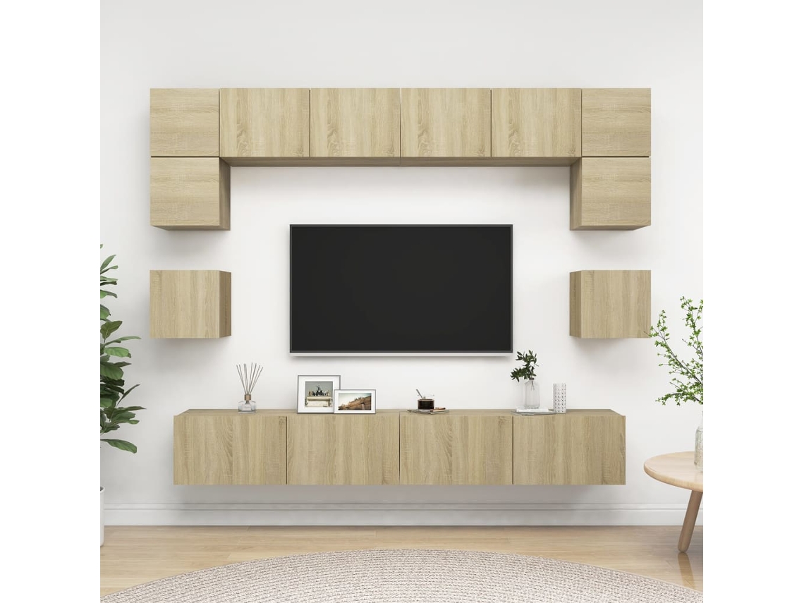 8Pzs Pack de Muebles de Armario Tv Contrachapado Color Roble Sonoma