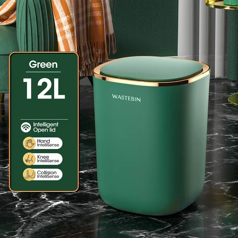 (usb Recargable Verde 12l) Bote De Basura Automático, Bote De Basura Con Sensor Inteligente, Bote De Basura De Lujo Para Uso En El Baño.