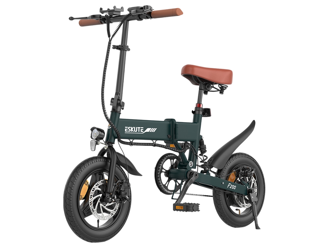 Bicicleta eléctrica plegable Eskute F200 de 14 pulgadas, verde, motor de 250 W, batería de 36 V y 7,8 Ah, autonomía de 50 km, velocidad máxima de 25 km/h, frenos de disco mecánicos.