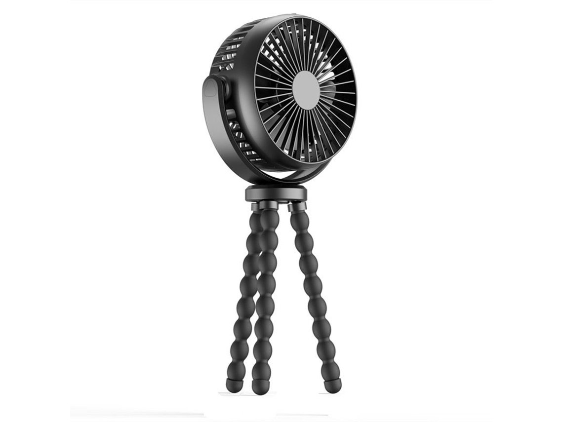 Ventilador recargable para cochecito con trípode flexible con clip, color negro, 3 velocidades.