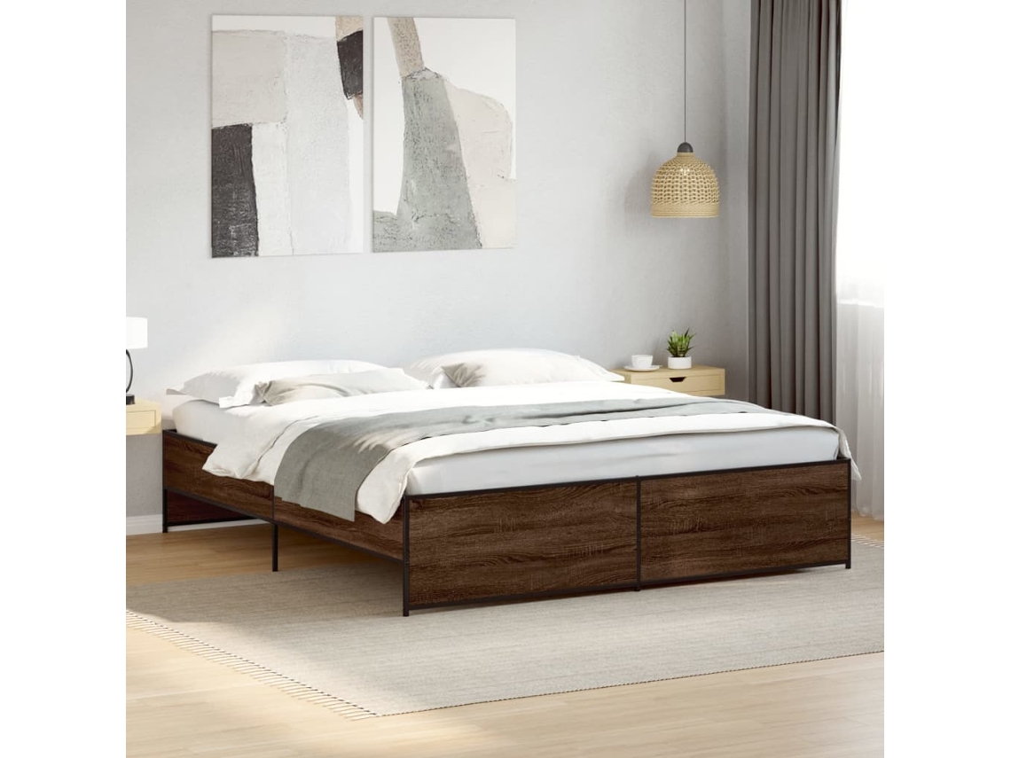 Estructura Cama Madera Ingeniería Metal Marrón Roble 200x200 Cm