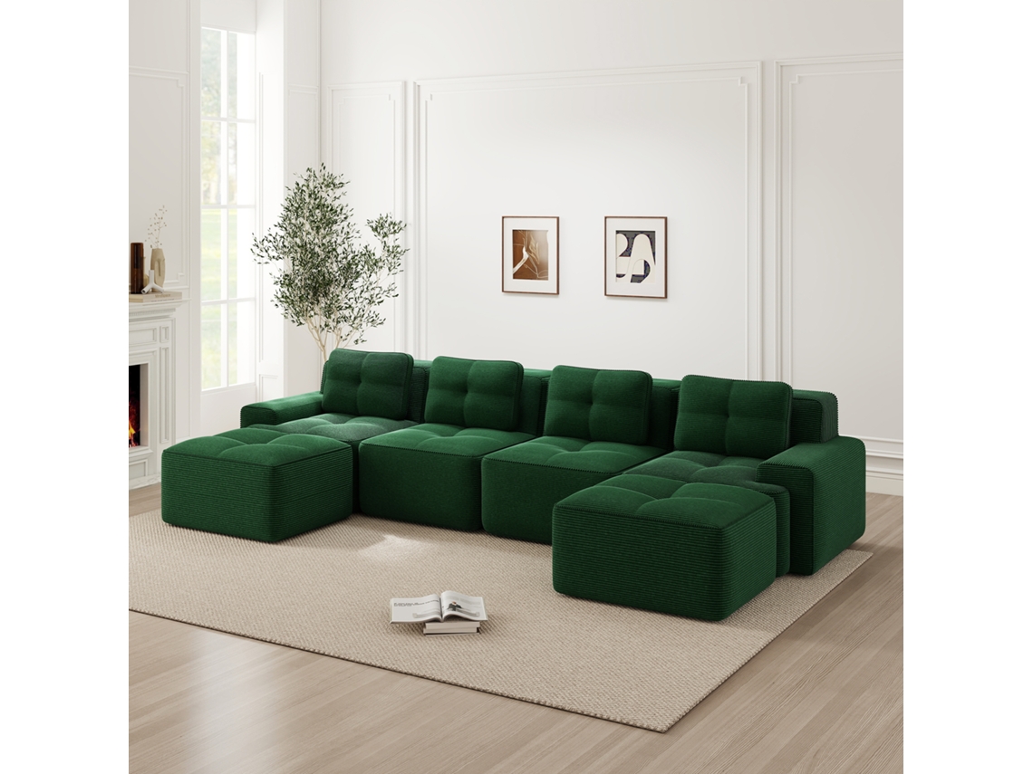 Sofá Modular En U De Pana 4 Plazas Verde
