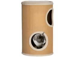 Torre rascador para gatos de dos pisos con revestimiento de sisal, casita pequeña con camas suaves, acabado marrón.