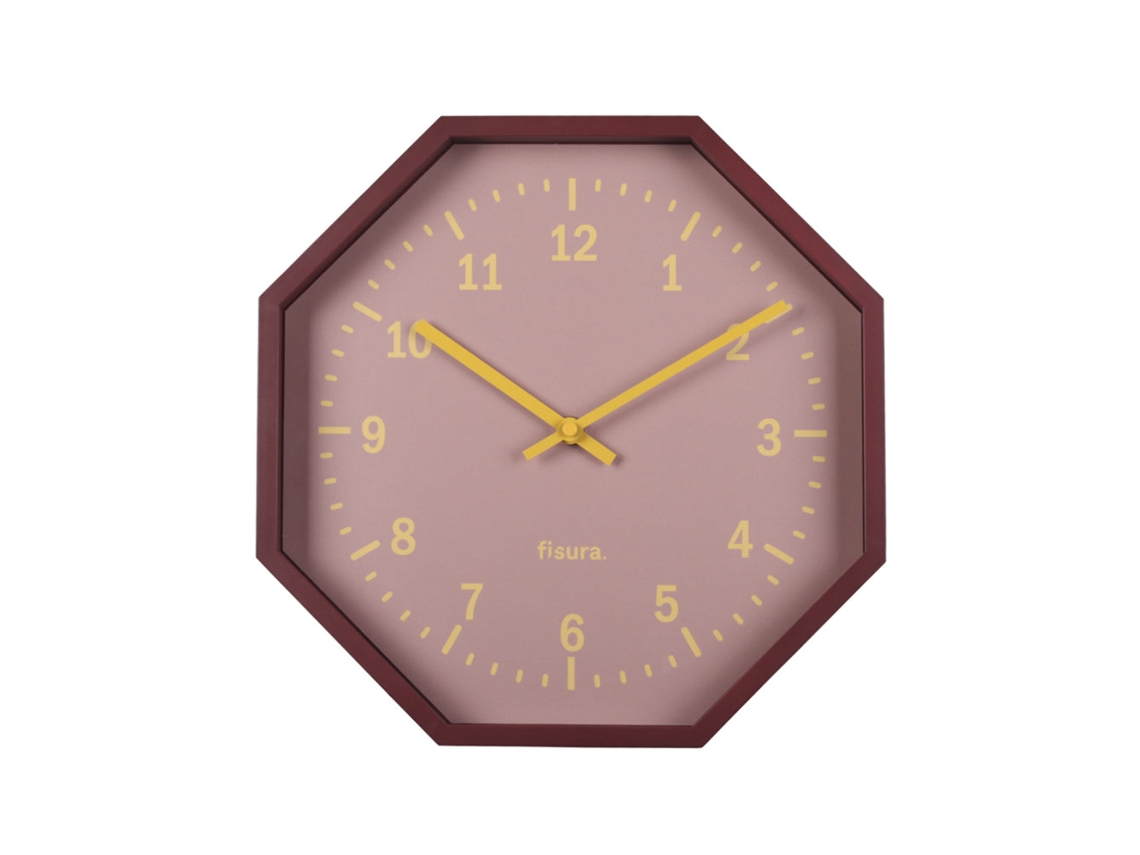 FISURA Reloj de Pared Original Octogonal Rojo Reloj de Cocina Moderno Reloj de Pared Burdeos 30 cm de diámetro ABS y Cristal 1 Pila AA