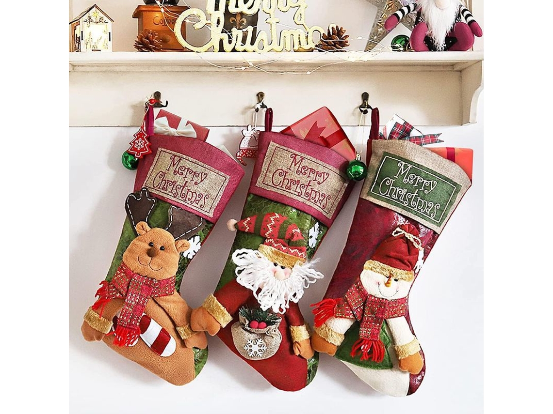 3 Grandes Calcetines Navideños Con Papá Noel, Muñeco De Nieve Y Reno En 3d, Bolsas De Regalo.