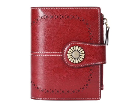 Cartera De Cuero Para Mujer, Billetera Triple Con Ventana De Identificación, Tarjetero Con Cremallera Y Hebilla De Moda, Rojo Vino ZMDECQNA