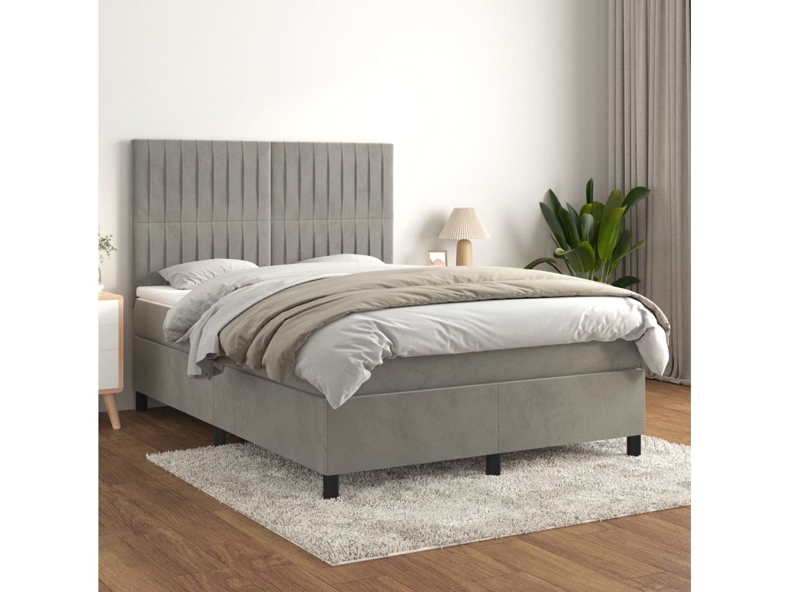 Cama Box Spring Con Colchón Terciopelo Gris Claro 140x190 Cm