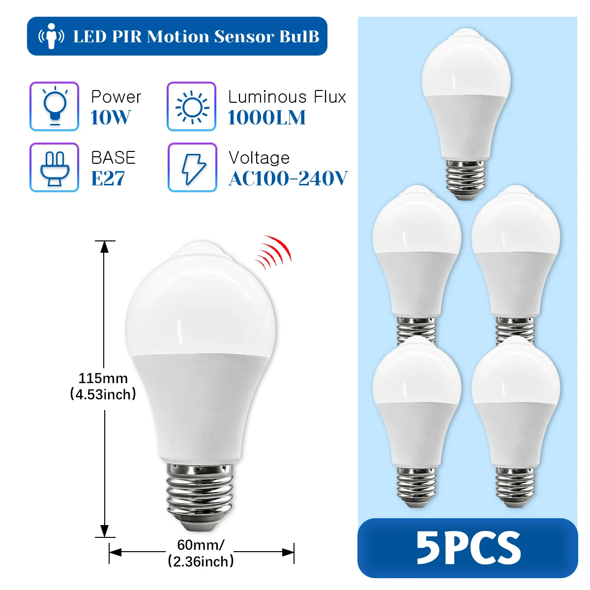Bombillas Led Con Sensor De Movimiento Pir (5 Bombillas, Blanco Cálido 3000k), Ideales Para Pasillos Y Entradas De Casas.