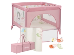 Parque infantil LIONELO Mille de 100x100 cm con colchón de alta densidad, ruedas, juguetes y cierre de velcro, de 0 a 36 meses, color rosa.