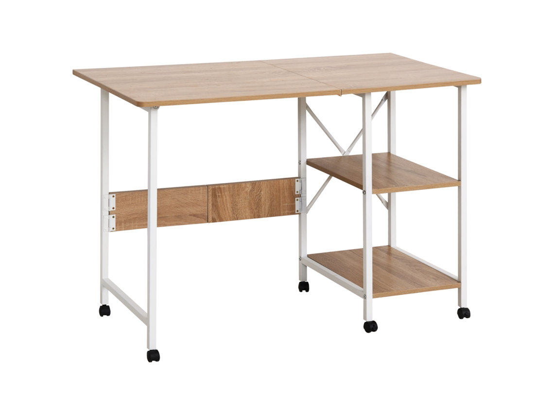 Escritorio plegable, mesa de oficina, escritorio portátil con ruedas, MDF natural, 107 x 55 x 76 cm