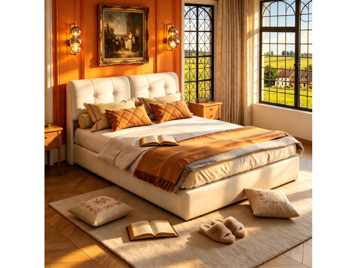 Cama De 140 X 200 Con Cajón, Para Adultos Con Sistema Hidráulico Y Luces Led, Cabecero Respaldo Acolchado De Terciopelo, Color Beige, Sin Colchón, Mdf