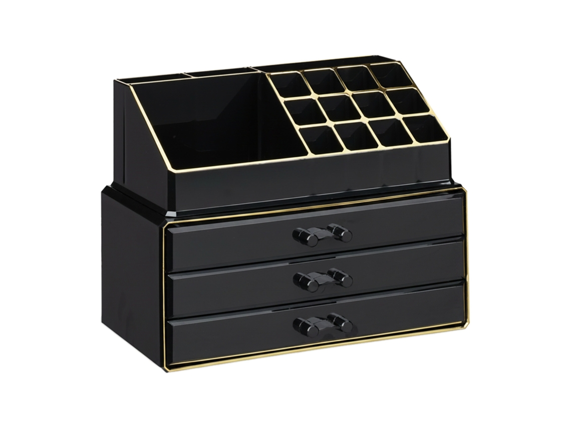 Relaxdays Organizador Maquillaje Pequeño, Fibra Acrílica, 19 X 23,5 X 14 Cm, Negro Y Dorado