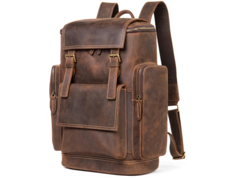 Mochila De Cuero Genuino Para Hombres Bolso Para Computadora Portátil Vintage Mochilas De Hombro De Viaje De Gran Capacidad-7583 Café