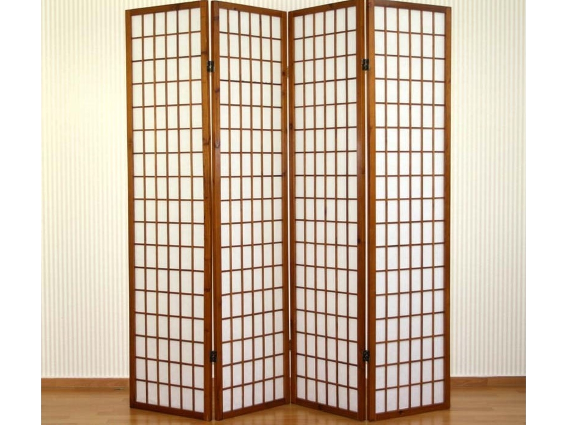 Biombo plegable de 4 paneles en madera marrón y papel de arroz, 175x176cm, Par06043