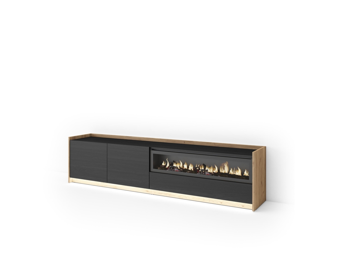 Mueble Tv, Televisión, 207x37x50cm, Para Tv Hasta 80", Chimenea Eléctrica, Led, Negro Y Roble