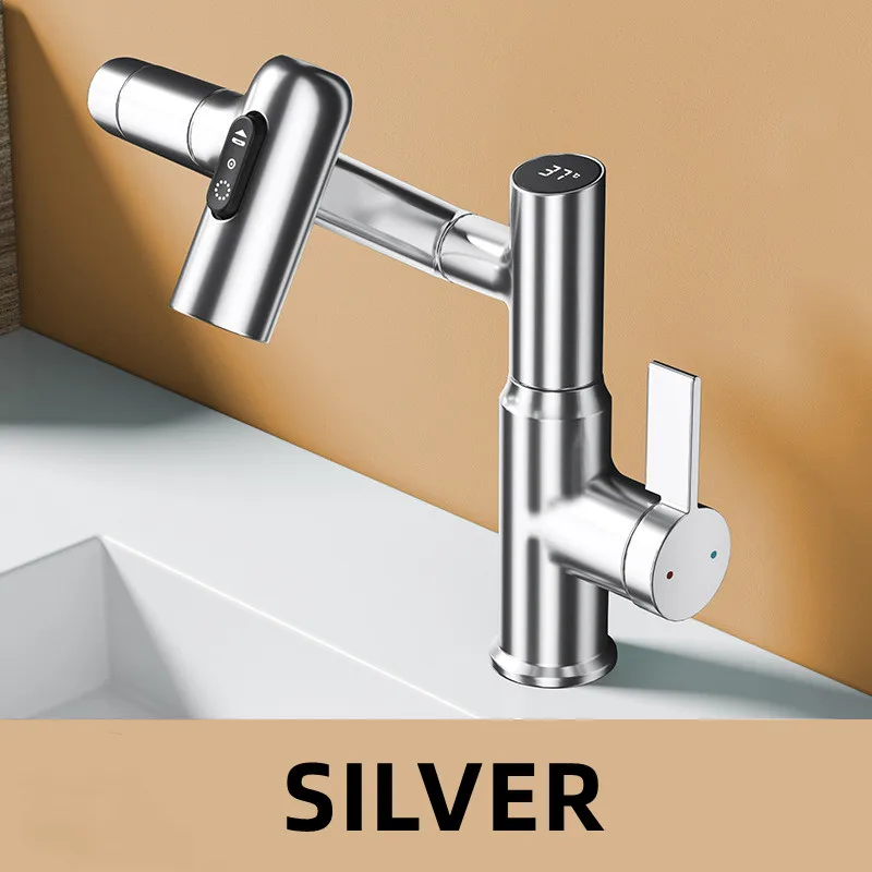 Grifo De Lavabo Con Pantalla Digital Led (plateado) Y Cabezal De Ducha Multifuncional Giratorio De 360° Para Mezclar Agua Fría Y Caliente.
