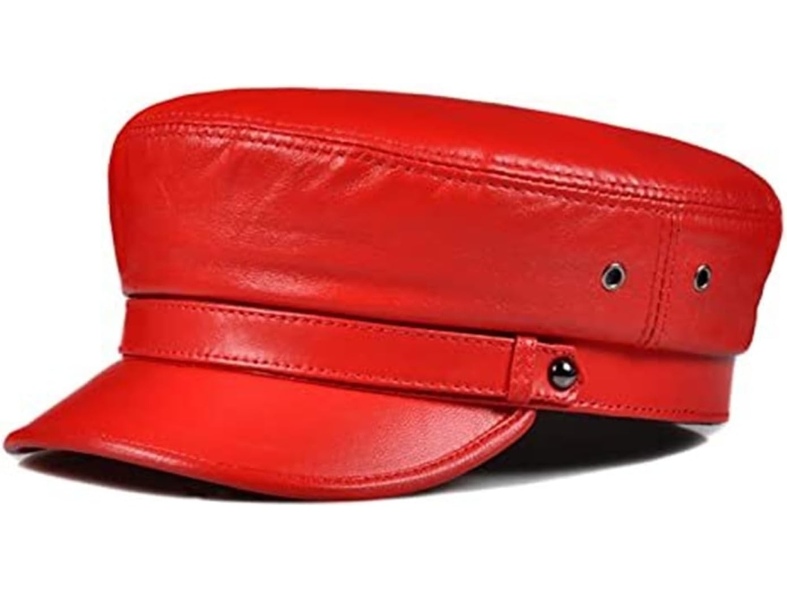 Casquette En Cuir Veritable For Femme - De Baseball Plate À La Mode Rouge Et Blanc, Taille Xxl