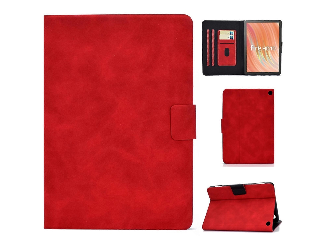 Funda para tableta A5 con textura de piel de vacuno y ranura para tarjetas, color rojo, para Amazon Fire HD de 10 pulgadas (2023)