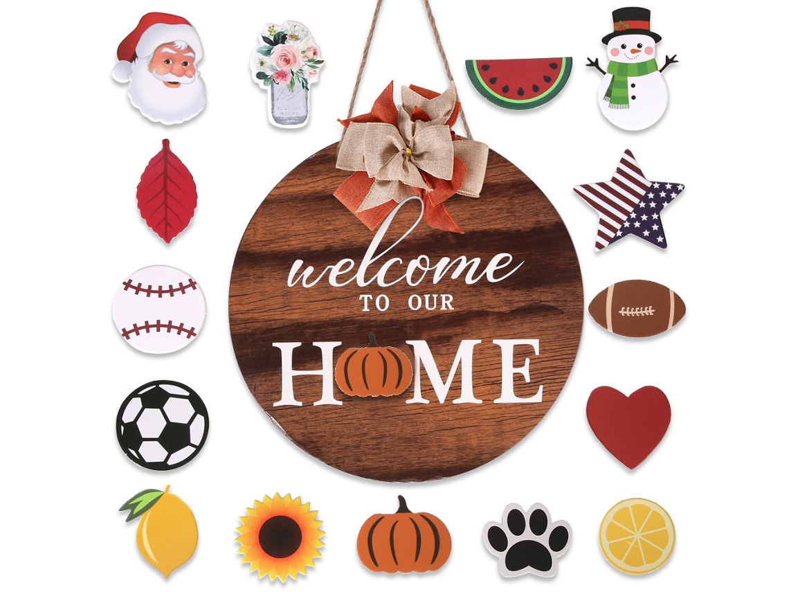 Decoración de letrero de bienvenida para puerta delantera, letrero intercambiable redondo de madera, para porche, Halloween y Navidad (marrón) RNEMITERY