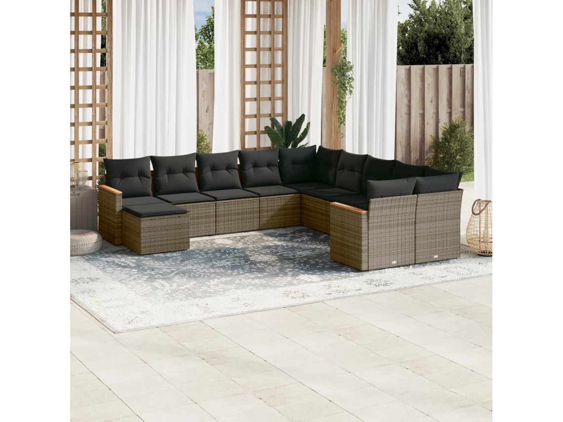 Conjunto de sofá de jardín de 11 piezas con cojines, ratán gris, DKD Home Decor