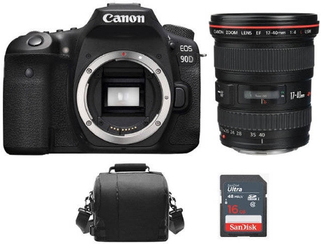 Cámara Reflex CANON EOS 90D + Objectivo EF 17-40mm F4L USM + Bolsa + Tarjeta SD 16GB (APS-C)