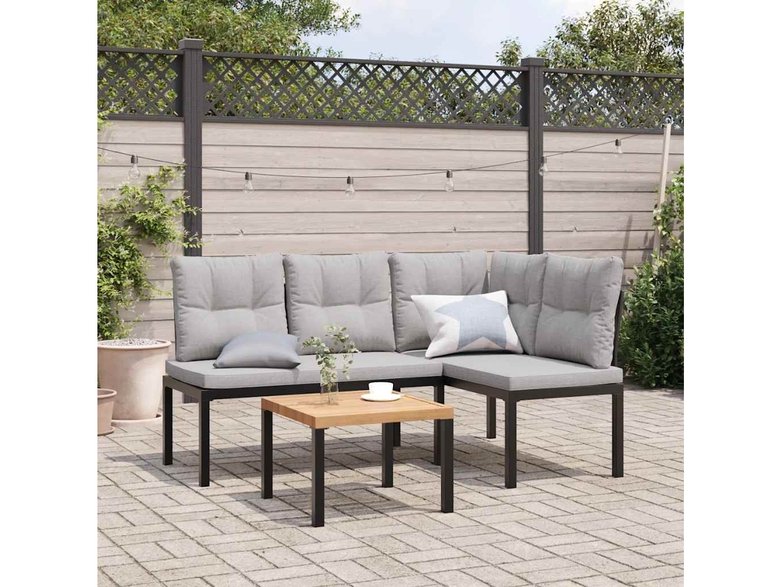 Bancos de jardín con cojines, 3 piezas, acero con recubrimiento en polvo negro, Dkd Home Decor