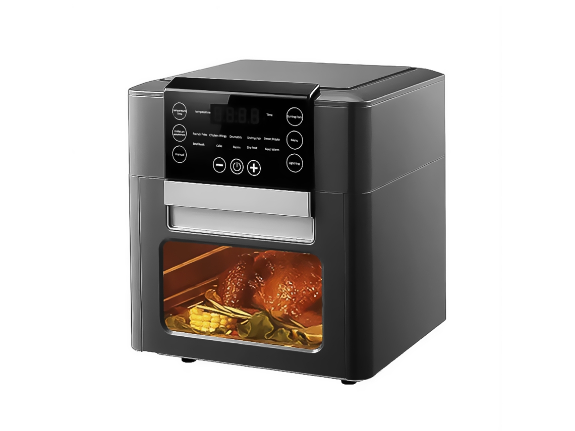 Freidora de aire multifuncional de 1350 W y 12 litros de capacidad. Pantalla LCD con panel de control táctil.