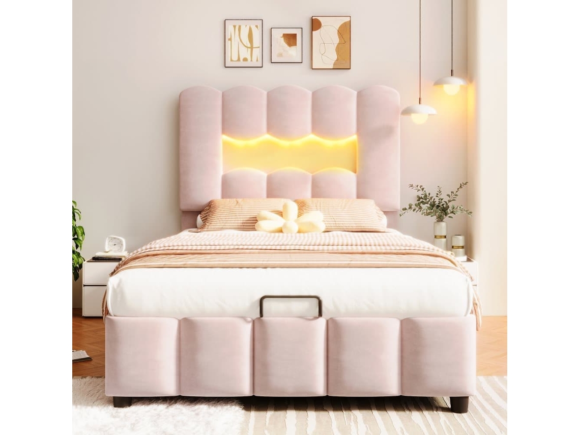 Cama Tapizada 90x200 Cm - Sin Colchón, Led, Hidráulico, Cabecero Ajustable, Terciopelo, Rosa