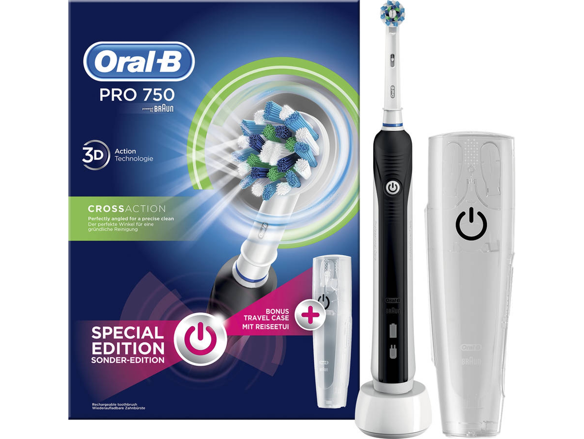 Cepillo Elã©ctrico Oralb pro750 action limpieza 3d dientes recargable 750 crossaction pack dental braun estuche viaje negro 8.800 rpm oscilante con pulsaciones