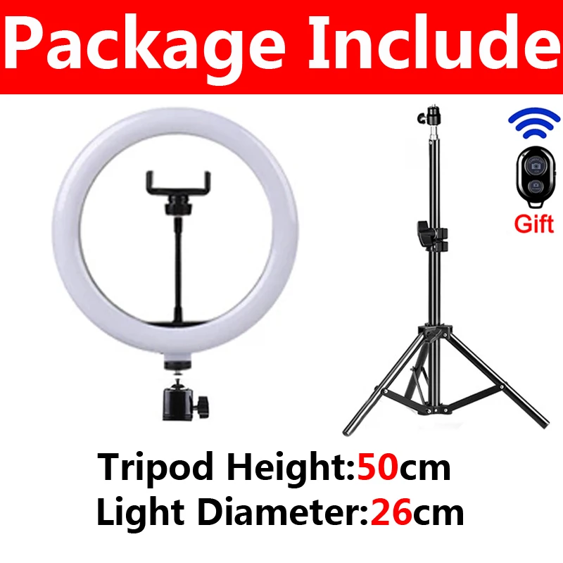 Anillo de luz LED para selfies de 26 cm con control remoto y trípode de 50 cm para videos en vivo de YouTube, 1 pieza, modelo D