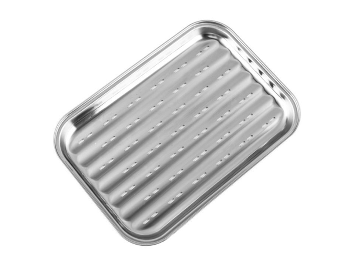 Bandeja rectangular de acero inoxidable con agujeros para pescado a la parrilla, vaporera de arroz y plancha antiadherente.