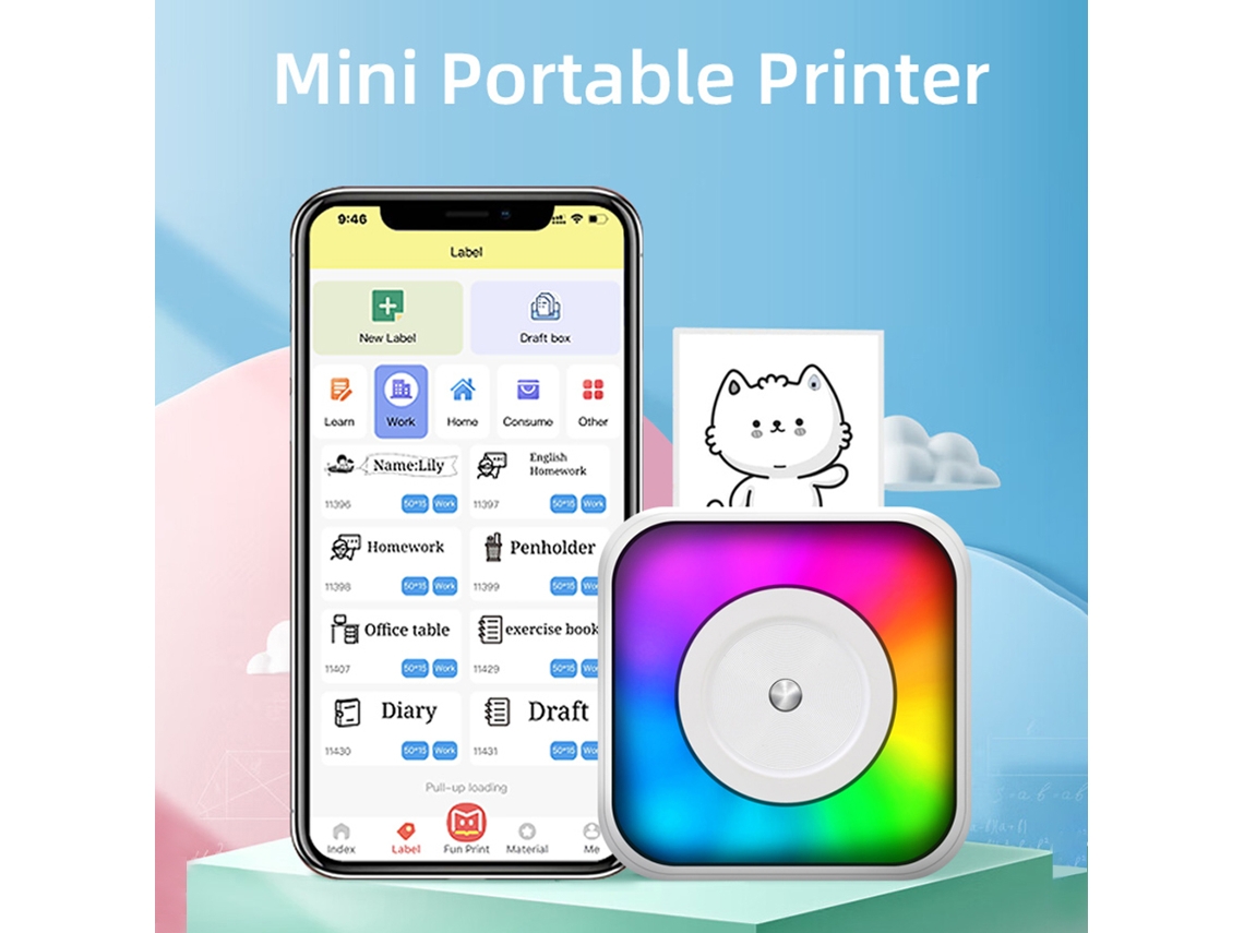 Mini Impresora Térmica Portátil Con Luz Rgb, Sin Tinta, Impresión Instantánea, Bluetooth, Para Ios Y Android.