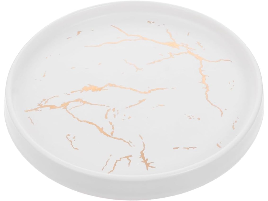 Bandeja Redonda De Cerâmica Branca Para Joias, 20 Cm, Com Padrão De Mármore, Versátil E Decorativa.