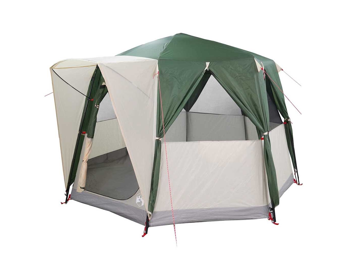 Habitación tipo tienda de campaña para 3 personas con techo verde y blanco.